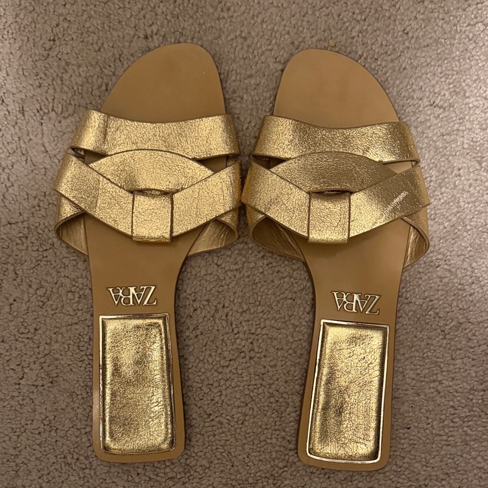 Zara Metallic Gold Woven Slide Mules